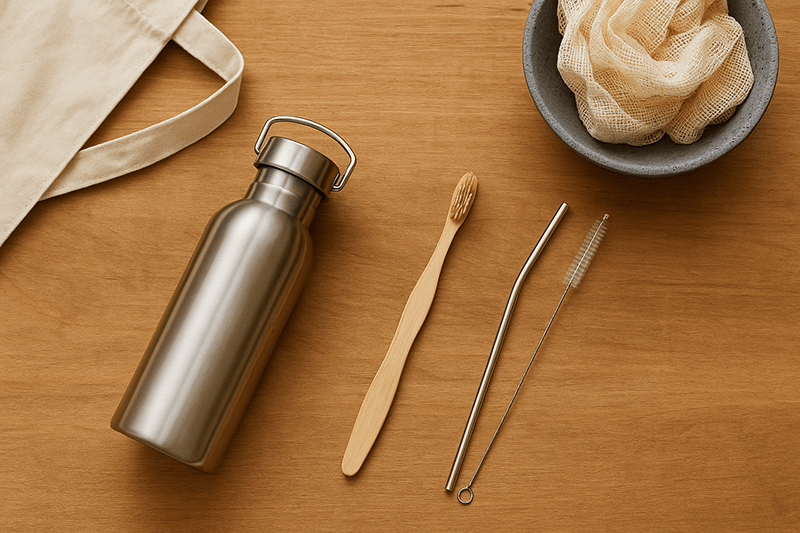 reusable straw, metal water bottle, bamboo toothbrush